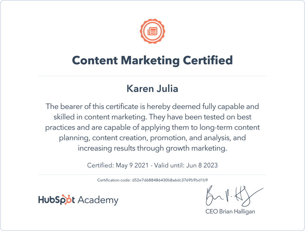Hubspot Content Marketing Certification